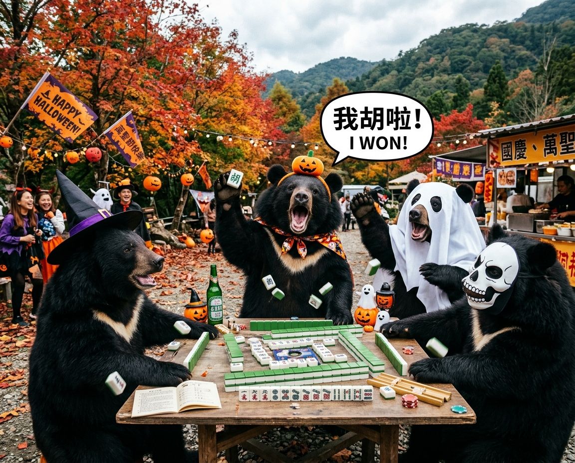 森林雀王爭霸戰激戰三百回合,台灣黑熊突襲楓葉季萬聖節派對,麻將戰局橘色南瓜燈高高掛,台灣熊愛打麻將,台灣黑熊打麻將,碰牌胡牌大三元,萬聖節的黑熊大亂鬥,聽牌摸牌洗牌打麻將,台灣黑熊萬聖節群魔熊掌碰碰胡,台灣黑熊咆哮真人PK,楓葉季開桌自摸碰碰胡,熊掌洗牌比夜市打彈珠還流暢